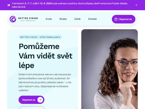 moderní oční ambulance, kde se o váš zrak postará špičková lékařka s více než 20 lety zkušeností. od běžné kontroly až po léčbu zeleného zákalu – u nás jste v dobrých rukou. objednejte se na důkladné vyšetření.