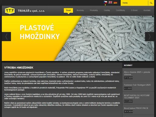 výrobce hmoždinek (standardní, natloukací, uzlovací/universální, rámové, talířové, do sádrokartonu či polystyrenu) a kotevní techniky (chemické, ocelové, do sádrokartonu, průvlakové, narážecí a kotvy do pórobetonu).