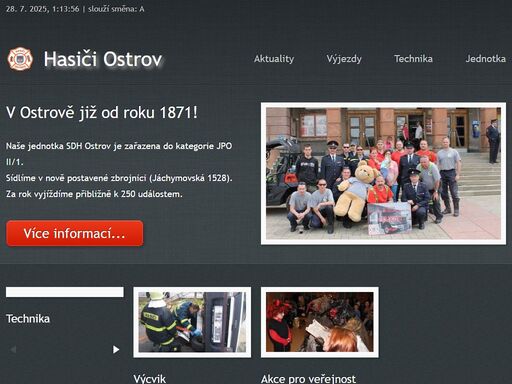 naše jednotka sdh ostrov je zařazena do kategorie jpo ii/1. v současné zbrojnici (karlovarská 1342) sídlíme od roku 1990. v současné době tvoří naší členskou základnu výjezdové jednotky 18 členů. za rok vyjíždíme k přibližně 250 událostem.