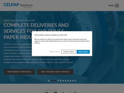 celpap is a czech company founded in 1994 with headquarters in prague. for more than 30 years, we have been offering customers complete services in the field of supplying second-hand equipment and new machines for the paper industry.