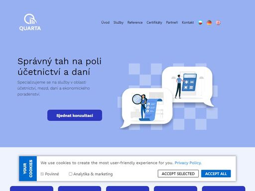společnost quarta s. r. o. se specializuje na služby v oblasti účetnictví, mezd, daní a ekonomického poradenství. společnost získala v r. 2004 certifikát kvality iso 9001 pro oblast daňové poradenství a vedení účetnictví.