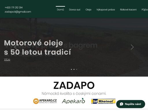 zadapo distribuce a prodej olejů swd rheinol, rizikové kácení, výkopové práce, realizace teras a plotů, přestavby a úpravy zahrad i pozemků, půjčovna vozíků a techniky