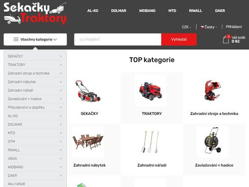 sekačky, traktory, křovinořezy, al-ko, seco, dolmar