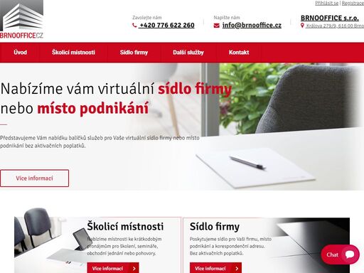 brnoofice je virtuální kancelář se sídlem v brně. nabízíme kompletní služby recepce a administrativy, sídlo pro vaši firmu, korespondeční adresu i telefonní kontakt. zařídit si u nás v brně můžete i virtuální sídlo firmy, nebo konferenční prostory pro školení, semináře, pohovory a schůzky s klienty.