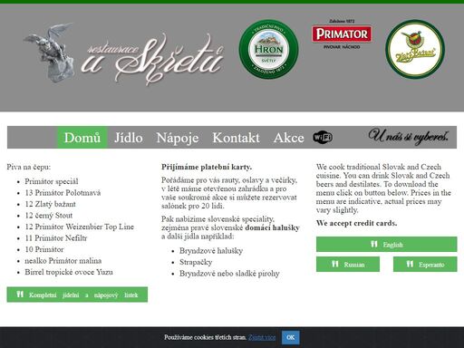 tradiční slovensko-česká kuchyně, pivo zlatý bažant a primátor, destiláty spiš.