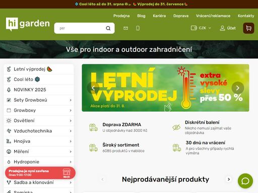 nejširší nabídka zahradnických potřeb pro indoor a outdoor pěstování. odborné poradenství, individuální přístup, skvělé ceny a doprava nad 3000,- zdarma!
