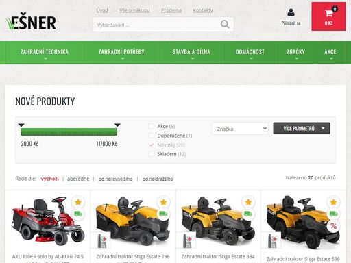 rodinný e-shop ešner s prodejnou v okřínku je autorizovaný prodejce a servis výrobků al-ko a stiga. prodává sekačky, traktory, frézy a zahradnické potřeby.