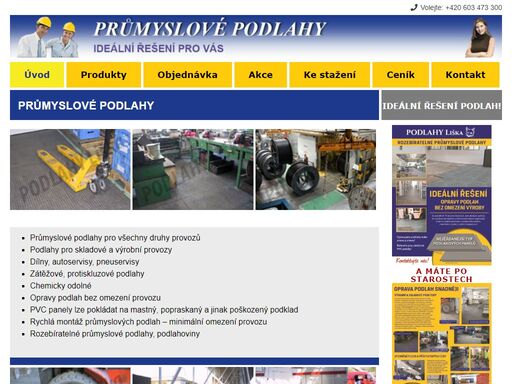 průmyslové podlahy průmyslové podlahy pro všechny druhy provozů podlahy pro skladové a výrobní provozy dílny, autoservisy, pneuservisy zátěžové, protiskluzové podlahy chemicky odolné opravy podlah bez omezení provozu pvc panely lze pokládat na mastný, popraskaný a jinak poškozený podklad rychlá montáž průmyslových podlah - minimální omezení provozu rozebíratelné průmyslové podlahy, podlahoviny před po