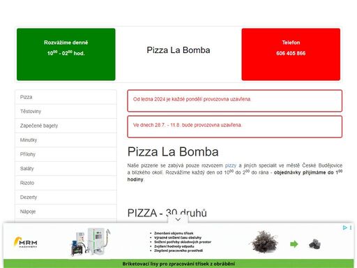 pizza la bomba - stránky českobudějovické pizzerie. rozvážímeme každý den od 10.00 do 2.00 do rána v českých budějovicích a okolí.