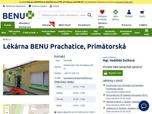 ?zaměření na dětský sortiment a geriatrickou a zubní péči. široký sortiment volně prodejných produktů. otevřeno po-pá 7:30 - 17:00. bezbariérový přístup.?