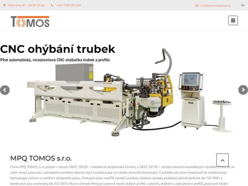 mpq tomos s.r.o. firma mpq tomos s.r.o. působí v oblasti okeč 28520 – všeobecná strojírenská činnost, a okeč 28750 – výroba ostatních kovodělných výrobků. firma se ve svém vývoji posunula z původního zaměření, kterým byla lisařská práce na výrobu kovových konstrukcí. v průběhu let jsme investovali do modernizace technologie zařízení a rozšíření strojového parku. …