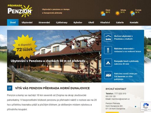 penzion a kemp se nachází 18 km severně od znojma na okraji jevišovické pahorkatiny. v bezprostřední blízkosti penzionu je přehradní nádrž o rozloze asi na 20…
