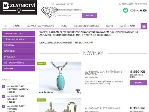 homepage. vážení zákazníci, veškeré zboží nabízené na našem e-shopu vyrábíme na zakázku, termín dodání je min. 3 týdny od objednání. 
děkujeme za pochopení. tým zlatnictví