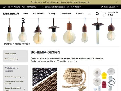 svítidla a příslušenství, zahradní doplňky, zámečnické práce a repasování svítidel  bohemia-design je český výrobce textilních opletených kabelů, doplňků a příslušenství pro svítidla designová svítidla. 