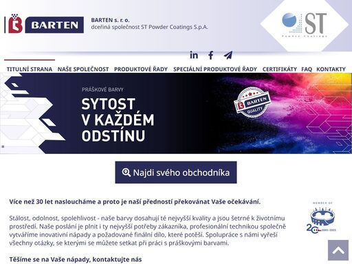 barten, s. r. o.; distribuce práškových barev st powder coatings. technologie pro lakování a otryskávání.