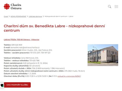 posláním charitního domu sv. benedikta labre v ostravě – vítkovicích je přinášet naději lidem bez domova v jejich obtížné životní situaci, a to především vytvářením podmínek k uspokojení základních potřeb v bezpečném prostředí nízkoprahového denního centra. nabízíme pomoc s osobní hygienou, přípravou stravy a ošacením. rozvíjíme klientovu vlastní odpovědnost k zajištění svých potřeb. snažíme se individuálně řešit oblasti, se kterými si klienti ndc neví rady. usilujeme o odstranění překážek, které klientovi brání ke zlepšení nepříznivé životní situace.