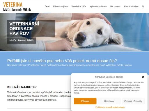 kompletní veterinární péče o psy, kočky a drobné savce - chirurgie měkkých tkání, kastrace, porodnictví, cytologické a histologické vyšetření, čipování, krmiva.