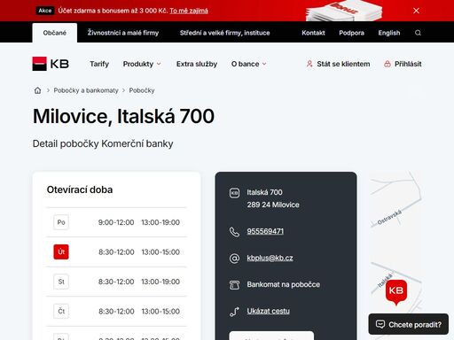 seznam a vyhledávání poboček a bankomatů komerční banky.
