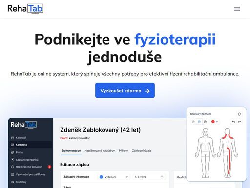 rehatab pomáhá fyzioterapeutům s vedením kartotéky pacientů, zapisováním dokumentace, rezervacemi, platbami, odesíláním sms upozornění a dalšími vychytávkami.