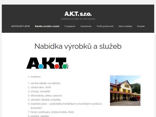 výrobní program tvoří výroba atypického nábytku, oken, dveří, truhlářské a tesařské práce. dodáváme atypický interiér pro pošty, spořitelny, školy, úřady a subdodávky pro ostatní truhlářské a stavební firmy. výrobu zajišťujeme dle požadavku, kompletně včetně montážních, dokončovacích prací a dopravy.