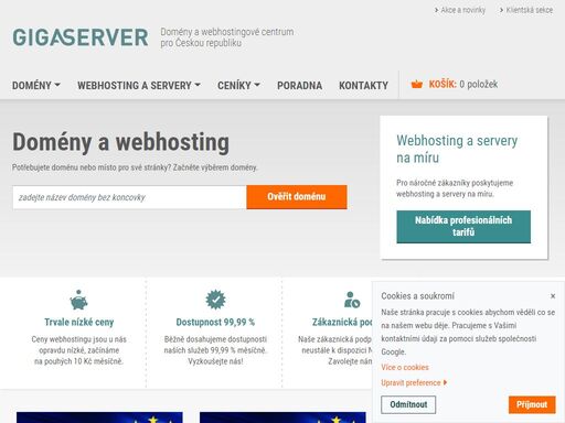 domény a webhostingové centrum pro čr. webhosting již od 7 kč měsíčně, 99,99% dostupnost a nonstop podpora. zaregistrujte své stránky s gigaserver.cz ještě dnes.