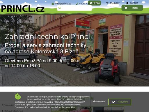 prodej a servis zahradní techniky na adrese koterovská 8 plzeň. otevřeno po až pá od 9:00 do 12:00 a od 14:00 do 16:00. od 7.10 do 9.10 je dovolena.