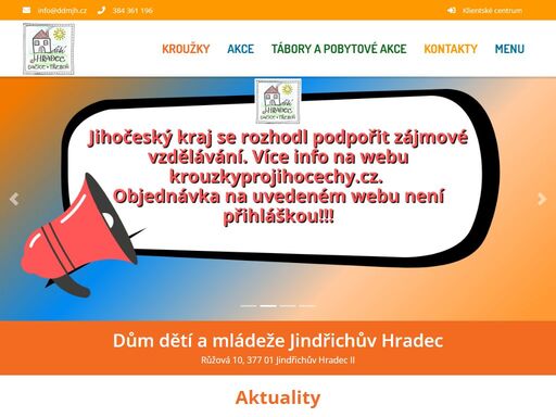 webové stránky domu dětí a mládeže jindřichův hradec. naleznete zde veškeré informace o naší práci, nabídky kroužků, táborů a ostatních akcí. uvádíme zde i možnosti ubytování v našich zařízeních, nabízíme i zajištění osobní dopravy menším autobusem. 