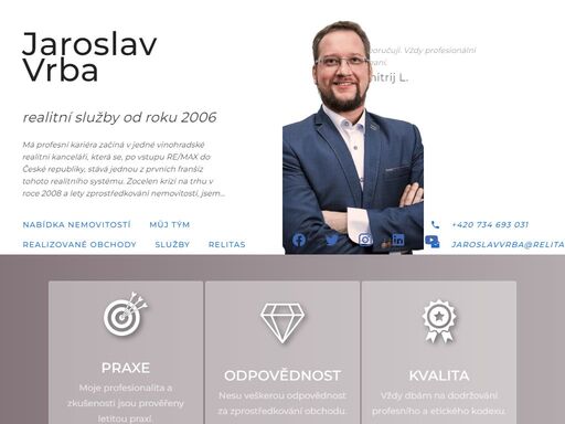 má profesní kariéra začíná v jedné vinohradské realitní kanceláři, která se, po vstupu re/max do české republiky, stává jednou z prvních franšíz tohoto realitního systému. zocelen krizí na trhu v roce 2008 a lety zprostředkování nemovitostí, jsem úspěšně realizoval přes sto prodejů, ještě více pronájmů a překonal mnohá komplikovaná úskalí. v roce 2019 mám tu čest být zakládajícím členem realitní asociace relitas.