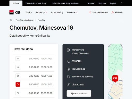 seznam a vyhledávání poboček a bankomatů komerční banky.