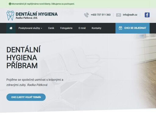 nová specializovaná ordinace dentální hygieny v příbrami. 9 let praxe. velmi krátká objednací doba. objednání na přesný čas = nečekáte. bezproblémové parkování přímo u ordinace. termín objednání vám připomeneme sms. 
