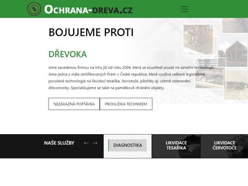 profesionální ochrana dřeva před škůdci jako jsou tesaříci, dřevomorka, červotoč. sanace, hloubková injektáž, nátěry a odborné služby pro dřevěné konstrukce. mikrovlnná sanace a ochrana s ohledem na památkové stavby. 