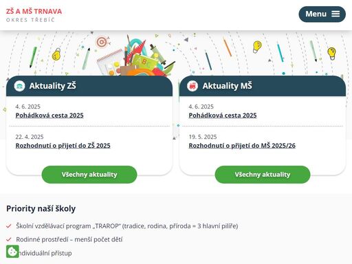 základní škola a mateřská škola trnava, okres třebíč, příspěvková organizace je malotřídní škola a poskytuje předškolní výchovu, základní vzdělání a výchovu žáků prvního až pátého ročníku