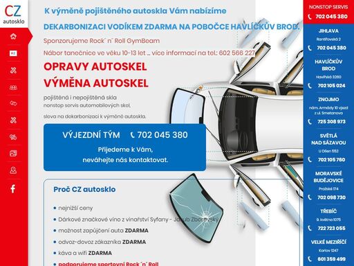 cz autosklo expert s.r.o. servis automobilových skel. výměny a opravy poškozených skel. připojištěné čelní sklo vyměňujeme zdarma! náhradní vozidlo zdarma. nemáte pojištěno? nevadí, rozhodně vám sklo vyměníme za dobrou cenu. servisní vozidlo. dekarbonizace.