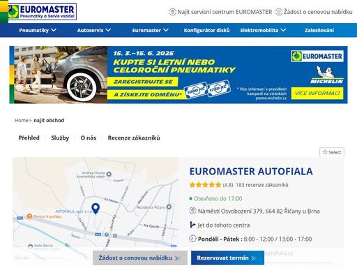 autoservisní centrum euromaster, opravy a údržba vozidel, široká nabídka pneumatik - říčany u brna 664 82