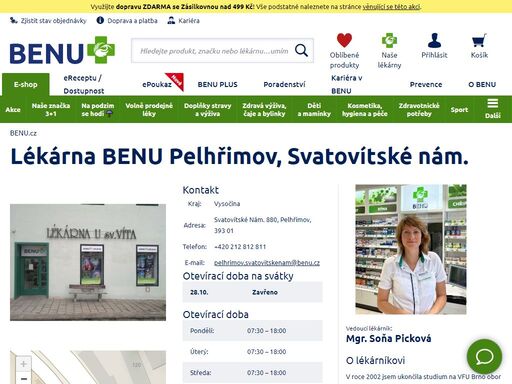 ?lékárna je bezbariérová a je výdejním místem e-shopu benu.cz. zaměřuje se na dětský sortiment, dermokosmetiku, geriatrickou péči a speciální výživu.?