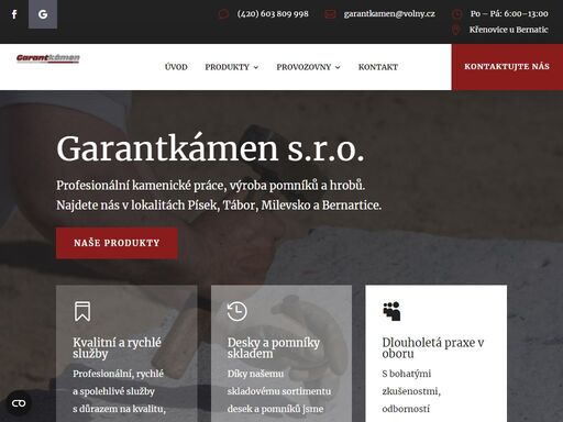 zabýváme se výrobou, prodejem a renovací kamenných výrobků. různé druhy mramorů a žul. pomníky, hroby a smuteční doplňky. kamenné desky. písek, tábor, milevsko, bernartice.