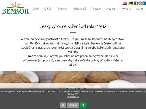 benkor - beníček koření - je česká rodinná společnost s tradicí od roku 1932, specializovaná na výrobu koření,kořenících směsí, bylin a sušené zeleniny. našimi produkty  jsou dále nakládacích přípravky deko, nova, dia nova, želírka, různé marinády, bio vý