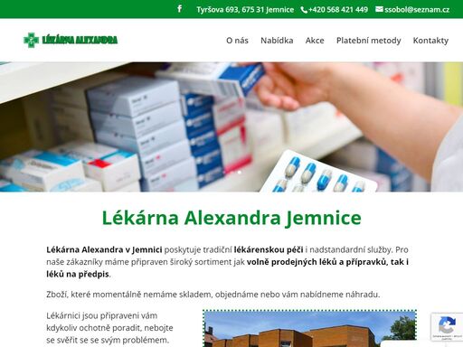 lékárna alexandra v jemnici poskytuje tradiční lékárenskou péči i nadstandardní služby. výdej léků, prodej vitamínů, homeopatik atd. navštivte naši lékárnu.