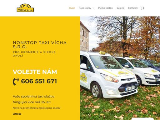 nonstop taxi vícha s.r.o. pro kroměříž a široké okolí volejte nám ? 606 551 671 vaše spolehlivá taxi služba fungující více než 25 let!nově na kroměřížsku zajištujeme služby liftago naše služby naše taxi služby nabízíme kompletní a spolehlivé služby v oboru přepravy osob i nákladů. dopravíme vás na letiště, párty, svatbu či firemní akci.
