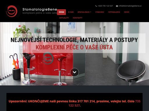 v našem moderně vybaveném pracovišti zubní ordinace stomatologiebene v benešově u prahy vám poskytneme komfortní a bezbolestné ošetření. nabízíme komplexní služby v oblasti stomatologické péče včetně dentální hygieny a ostatních stomatologických specializací.