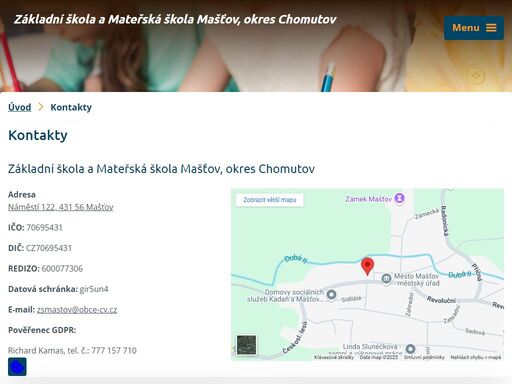 základní škola a mateřská škola mašťov, okres chomutov, je od 1.9.2003, příspěvková organizace zřízená obcí mašťov, patří mezi vesnické školy s malotřídním způsobem výuky. 