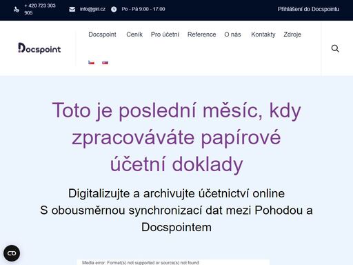 toto je poslední měsíc, kdy zpracováváte papírové účetní doklady digitalizujte a archivujte účetnictví onlines obousměrnou synchronizací dat mezi pohodou a docspointem https://docspoint.cz/wp-content/uploads/2022/01/o9vfchdcyu11kcye-2.mp4 dejte sbohem starostem s archivací dokladů a skříním plným šanonů kolik šanonů s účetními doklady „vygenerujete každý rok? šanonů, které musíte skladovat od 10 do 30 let! představte si, že by odpověď byla