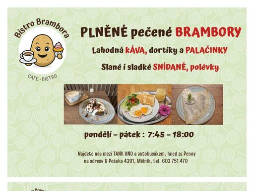 bistro, káva, brambory, pečené brambory, palačinka, dort, dortík, zákusek, čaj, jídlo, pití, limo, limonáda