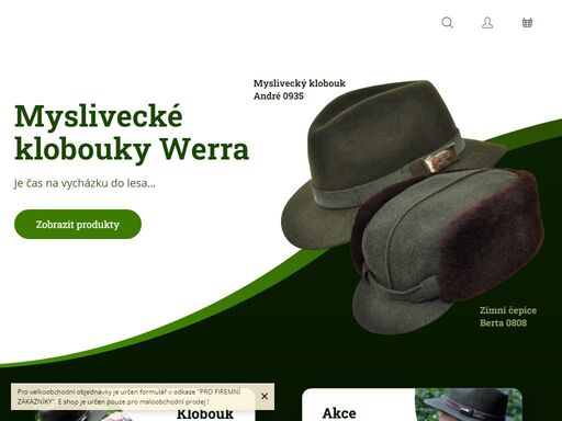 vítejte v našem obchodě. vítáme vás v našem novém e shopu. široký sortiment plstěných a srstěných klobouků werra tvoří vhodný oděvní doplněk pro zájmové a profesní skupiny myslivců, lesníků, rybářů a milovníků přírody.  všechny klobouky tvoří designově propracované vzory, v kvalitním materiálovém provedení s vysokým…