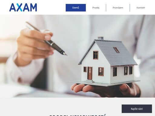 axam reality s.r.o. poskytuje klientům komplexní nabídku kvalitních služeb v oblasti trhu s nemovitostmi. naši prioritou je především poskytování profesionálních služeb zahrnujících kompletní realitní servis v oblastech prodeje a pronájmu nemovitostí .