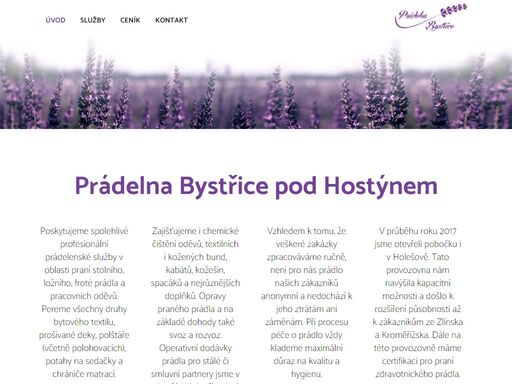 poskytujeme spolehlivé a profesionální prádelenské služby pro firmy i jednotlivce: praní, mandlování, chemické čištění, drobné opravy, svoz a rozvoz. to je naše prádelna v bystřici pod hostýnem. 