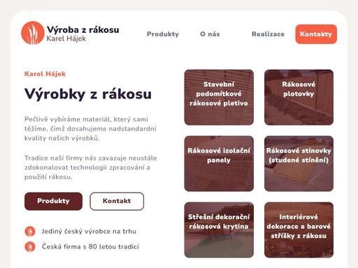 český výrobce rákosového zboží. zpracování rákosu k výrobě užitkových a dekoračních pletiv, rohoží, stříšek. poradenství a montáž výrobků z rákosu. vysekávání rákosových porostů.