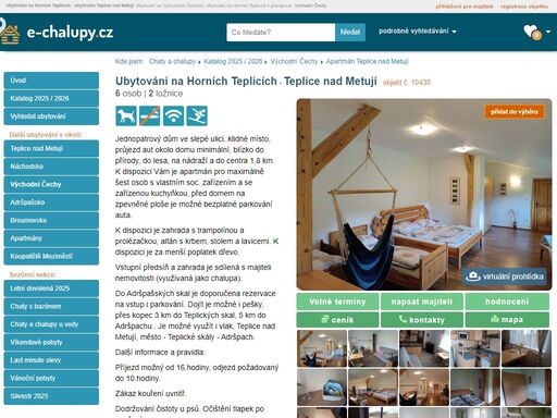 ubytování na horních teplicích? ubytování teplice nad metují ve východních čechách. apartmán k pronajmutí: kapacita 6 osob - 2 ložnice. provoz: léto, zima, víkendové pobyty, vánoce, silvestr.
