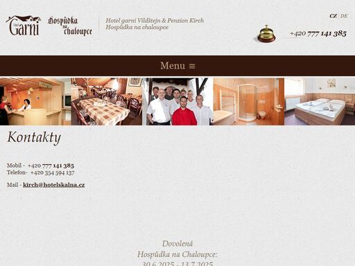 mobil +420 777 141 385, +420 777 011 067 (pondělí - úterý)
telefon/fax +420 354 594 137 (středa - neděle)
mail kirch@hotelskalna.cz

česká 75, 351 34 skalná