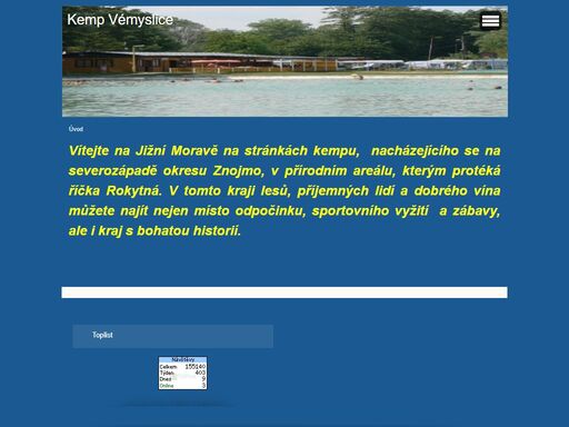 stránky o kempu vemyslice,levné ubytování,teplá voda ve sprchách,cyklisté,rodiny s dětmi,domácí mazlíčci,vybavení obytných bněk,ohniště,přírodní koupaliště,víceůčelové hřiště,sport,
aktivní odpočinek,rybaření a houbaření,posezení s grilováním,turistické zajímavosti,
jízda na koních,stravování, bowling, tenis, squash,